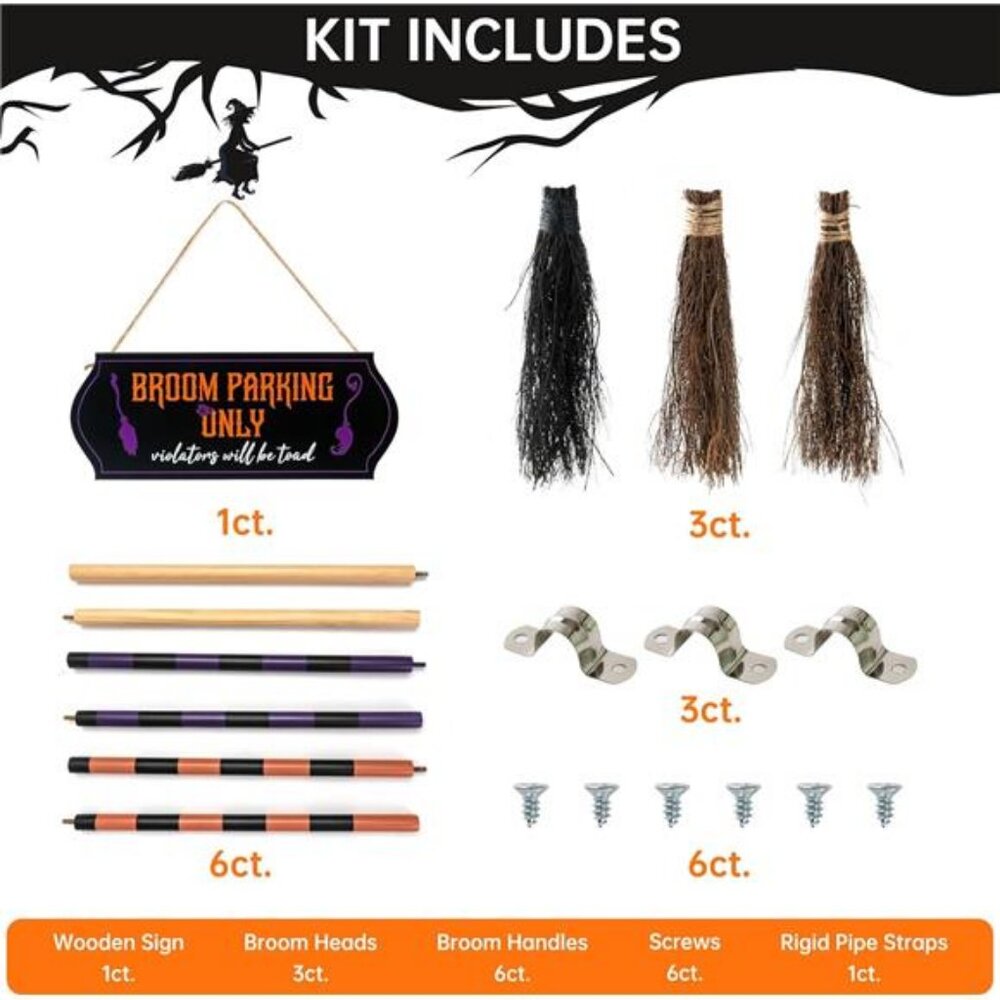 Porch Halloween Decorations - Halloween Broom Parking Sign with 3 Wooden Witches - Picture 5 of 7
